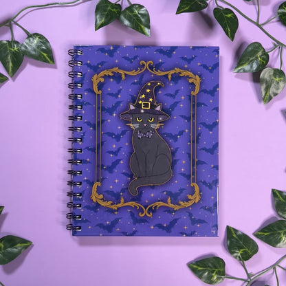 Witchy Cats and Bats | Spiral Notebook | 6.5"x8.5" | Colored Lined Pages | Witchy, halloween, spooky theme