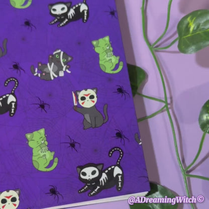 Spooky Cat Pattern | Wire Bound Notebook | 8.5" x 6.5" | Purple Lined Pages
