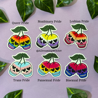 Pride Cherry Skulls | Glossy Waterproof Sticker | Pride, bi, lesbian, pan, trans, non binary