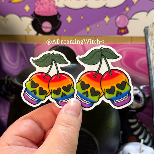 Pride Cherry Skulls | Glossy Waterproof Sticker | Pride, bi, lesbian, pan, trans, non binary