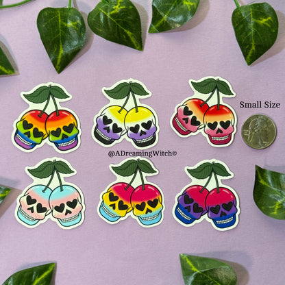 Pride Cherry Skulls | Glossy Waterproof Sticker | Pride, bi, lesbian, pan, trans, non binary