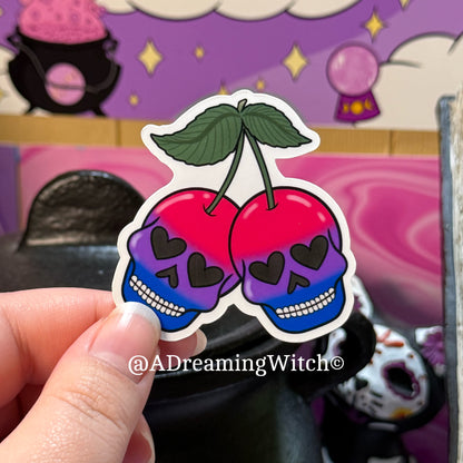 Pride Cherry Skulls | Glossy Waterproof Sticker | Pride, bi, lesbian, pan, trans, non binary