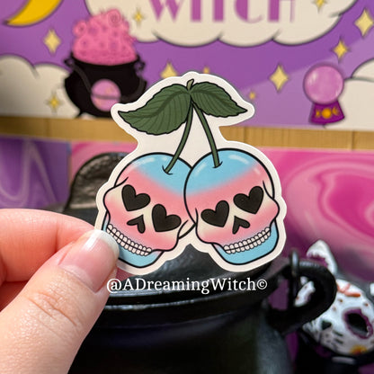 Pride Cherry Skulls | Glossy Waterproof Sticker | Pride, bi, lesbian, pan, trans, non binary