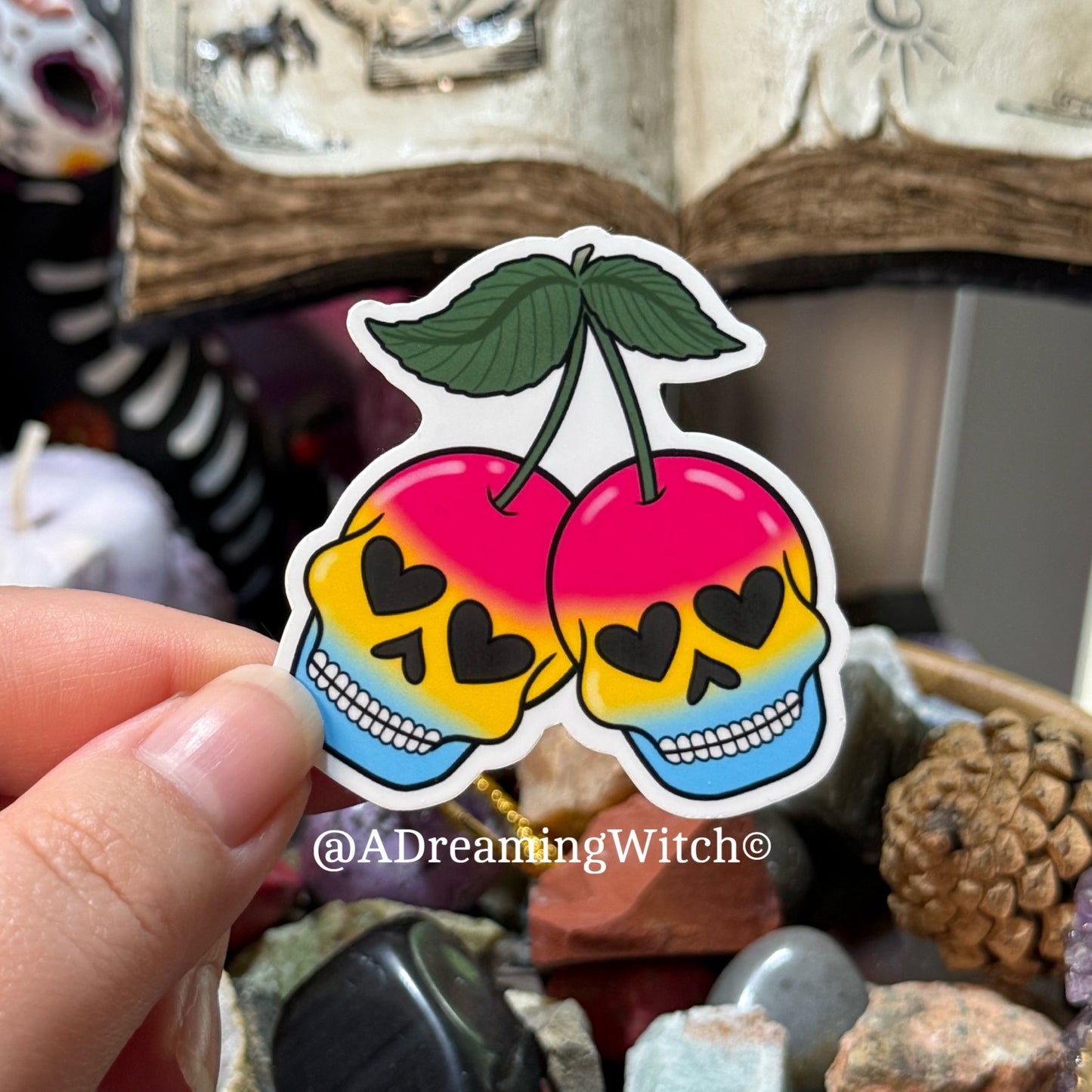 Pride Cherry Skulls | Glossy Waterproof Sticker | Pride, bi, lesbian, pan, trans, non binary