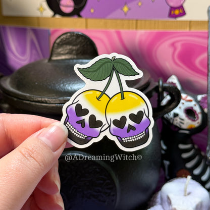 Pride Cherry Skulls | Glossy Waterproof Sticker | Pride, bi, lesbian, pan, trans, non binary