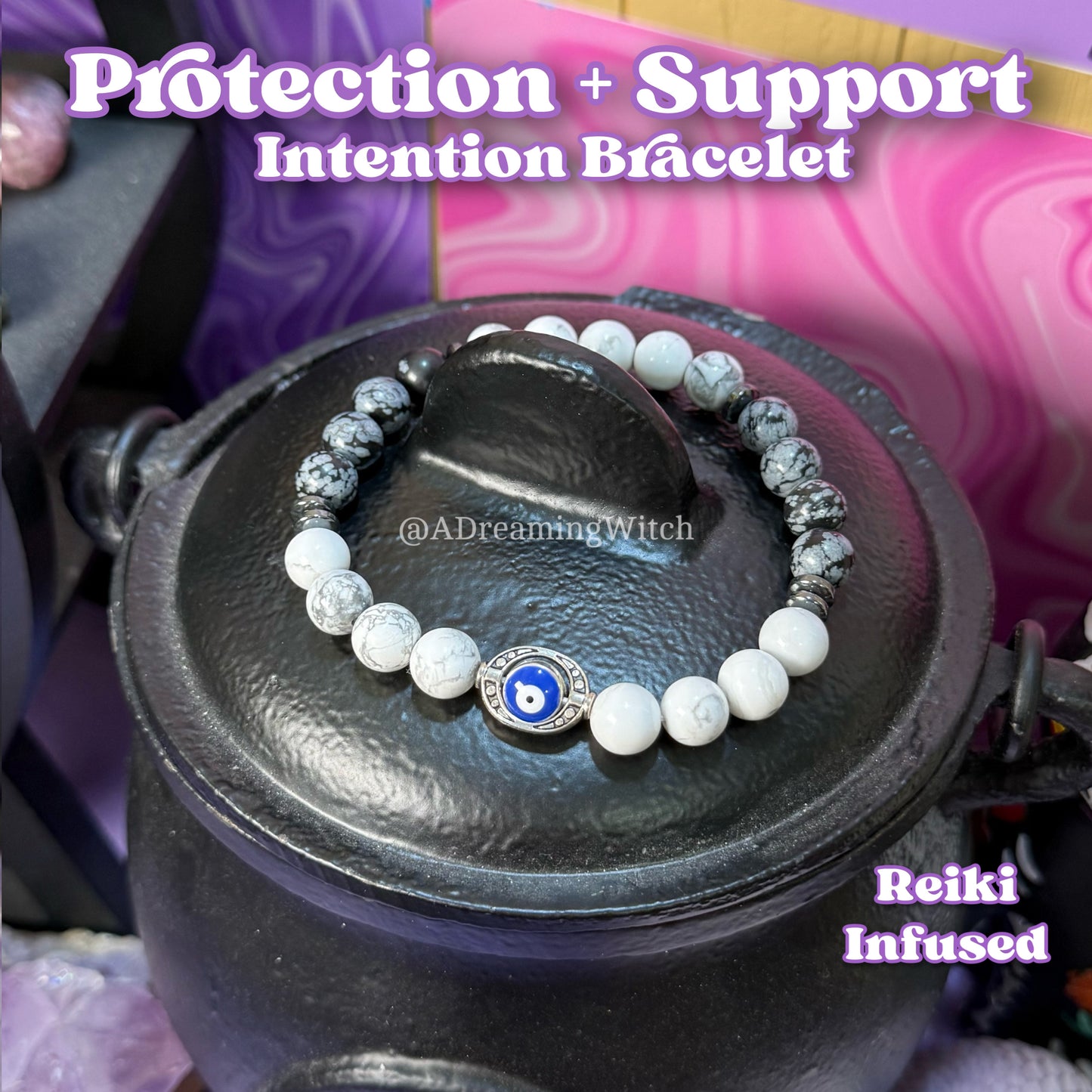 Protection + Support Bracelet | Intention + Reiki Infused | Howlite + Hematite + Snowflake Obsidian Crystal