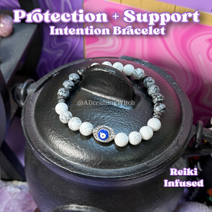 Protection + Support Bracelet | Intention + Reiki Infused | Howlite + Hematite + Snowflake Obsidian Crystal