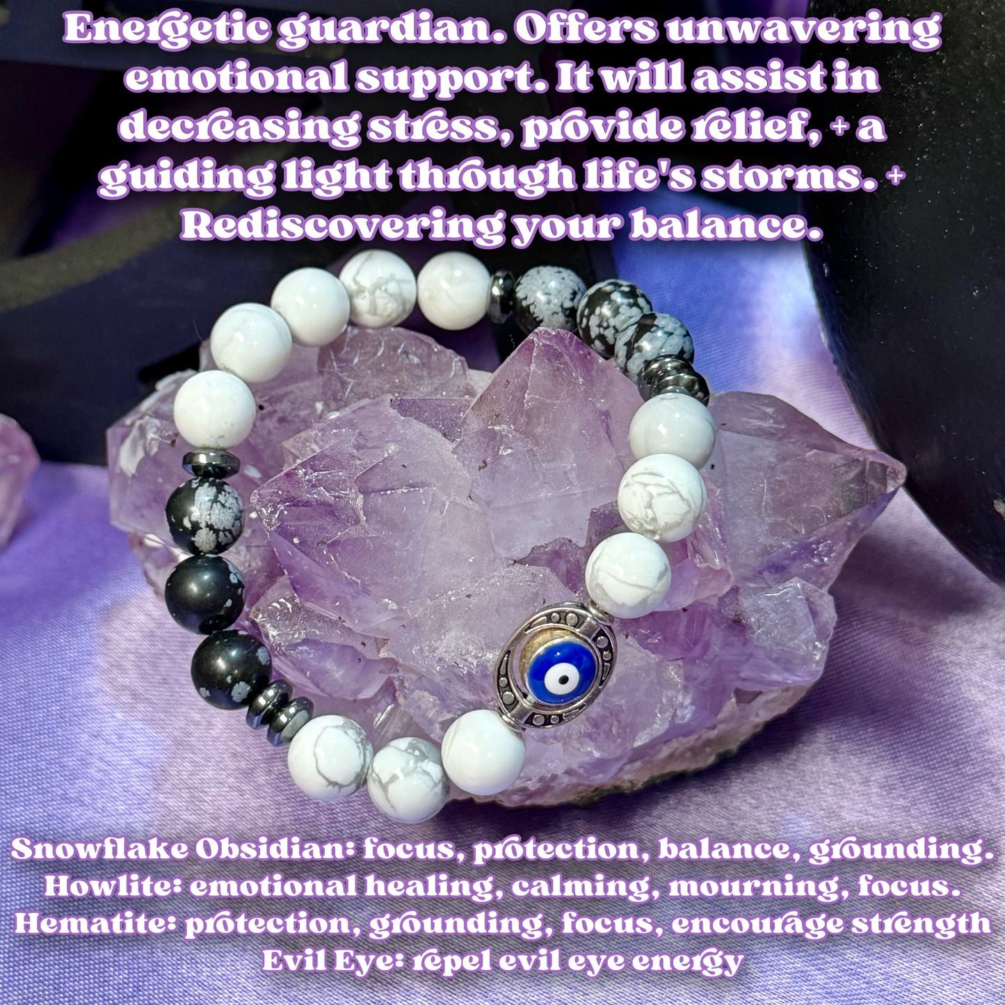 Protection + Support Bracelet | Intention + Reiki Infused | Howlite + Hematite + Snowflake Obsidian Crystal