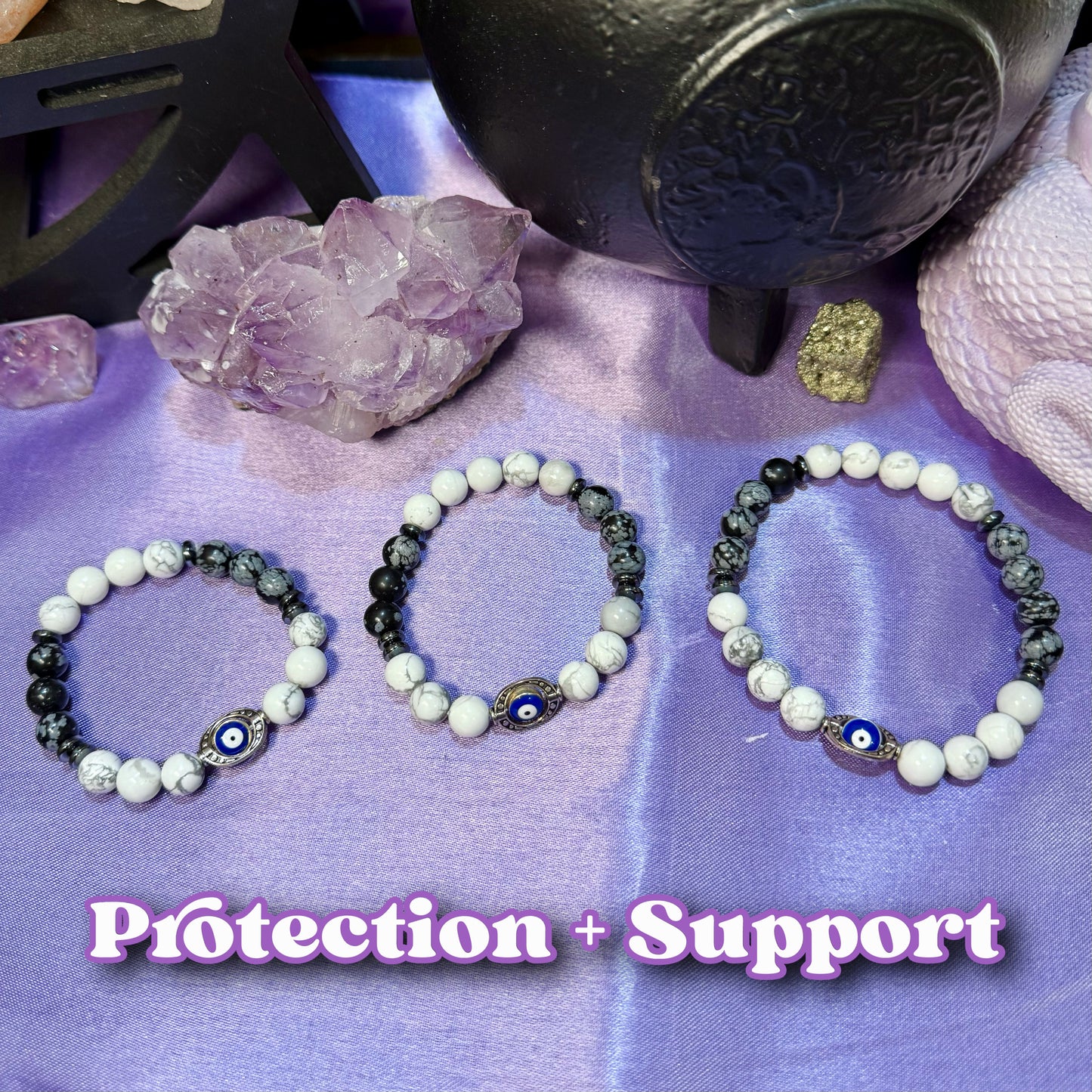 Protection + Support Bracelet | Intention + Reiki Infused | Howlite + Hematite + Snowflake Obsidian Crystal