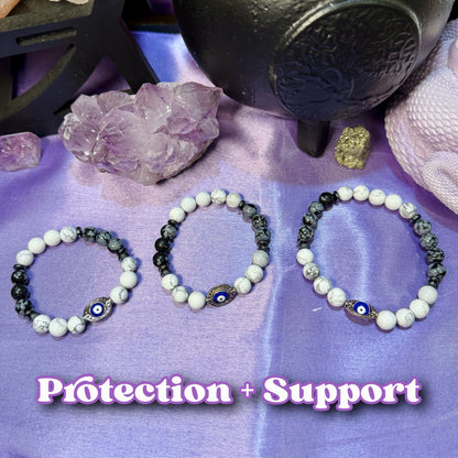 Protection + Support Bracelet | Intention + Reiki Infused | Howlite + Hematite + Snowflake Obsidian Crystal