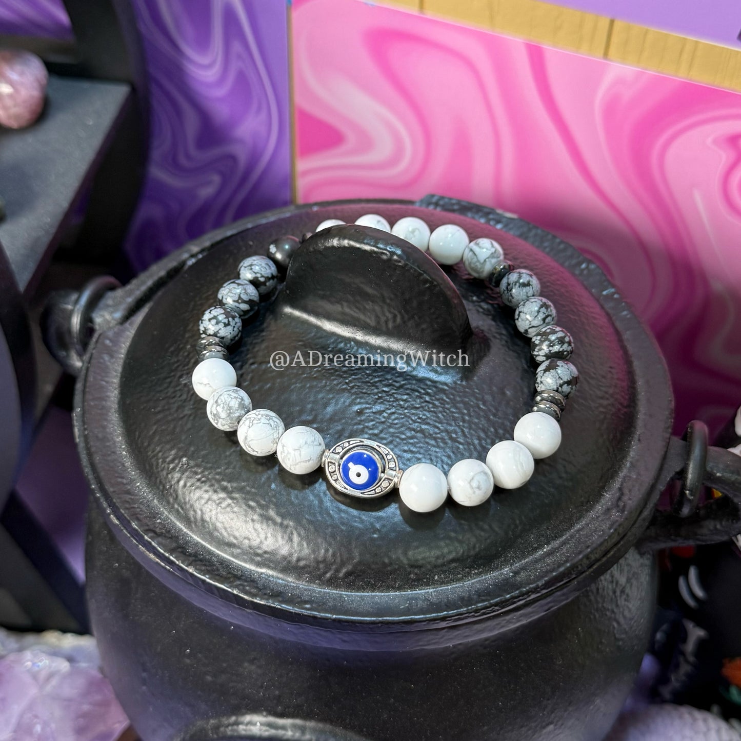 Protection + Support Bracelet | Intention + Reiki Infused | Howlite + Hematite + Snowflake Obsidian Crystal