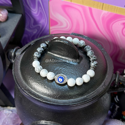 Protection + Support Bracelet | Intention + Reiki Infused | Howlite + Hematite + Snowflake Obsidian Crystal