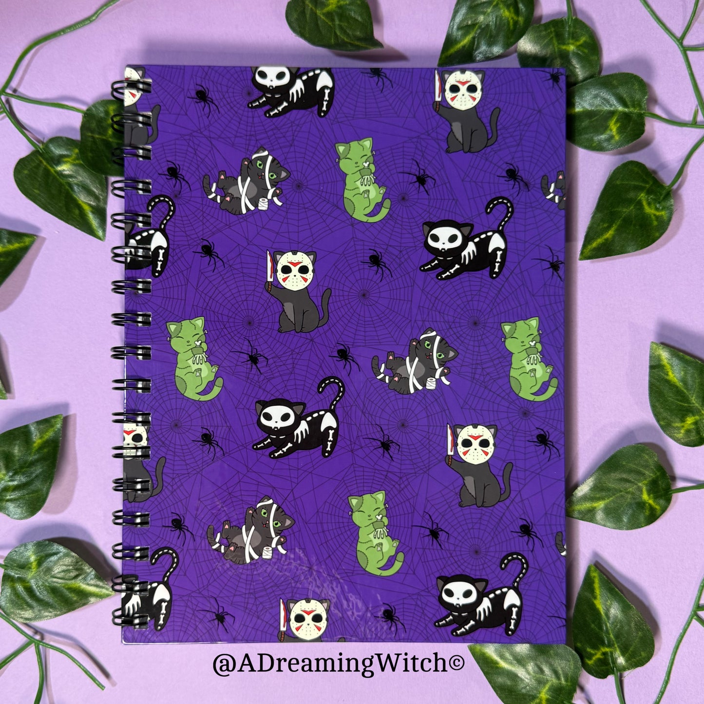 Spooky Cat Pattern | Wire Bound Notebook | 8.5" x 6.5" | Purple Lined Pages
