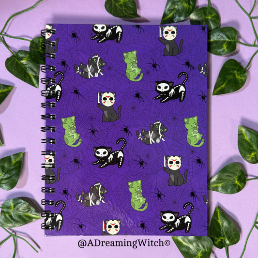 Spooky Cat Pattern | Wire Bound Notebook | 8.5" x 6.5" | Purple Lined Pages