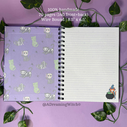 Spooky Cat Pattern | Wire Bound Notebook | 8.5" x 6.5" | Purple Lined Pages