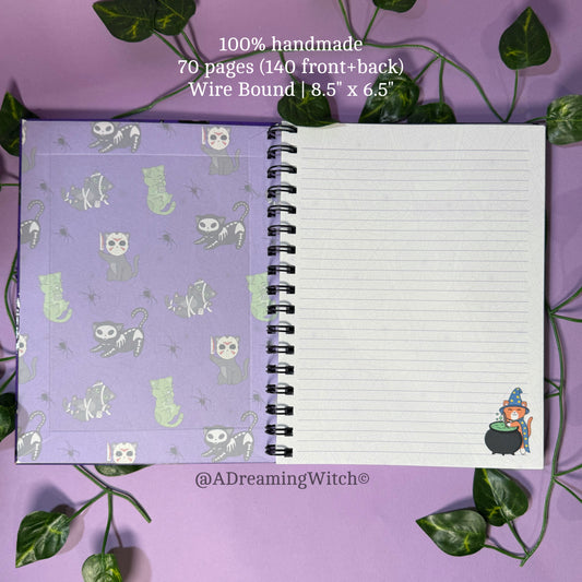 Spooky Cat Pattern | Wire Bound Notebook | 8.5" x 6.5" | Purple Lined Pages