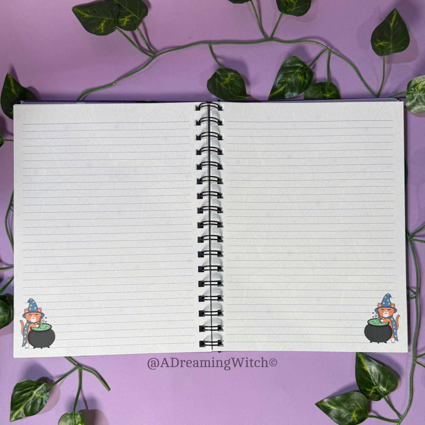 Spooky Cat Pattern | Wire Bound Notebook | 8.5" x 6.5" | Purple Lined Pages