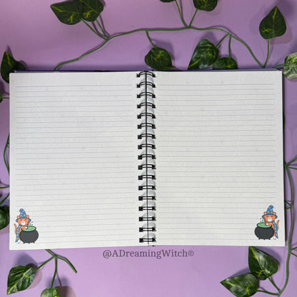 Spooky Cat Pattern | Wire Bound Notebook | 8.5" x 6.5" | Purple Lined Pages