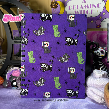 Spooky Cat Pattern | Wire Bound Notebook | 8.5" x 6.5" | Purple Lined Pages