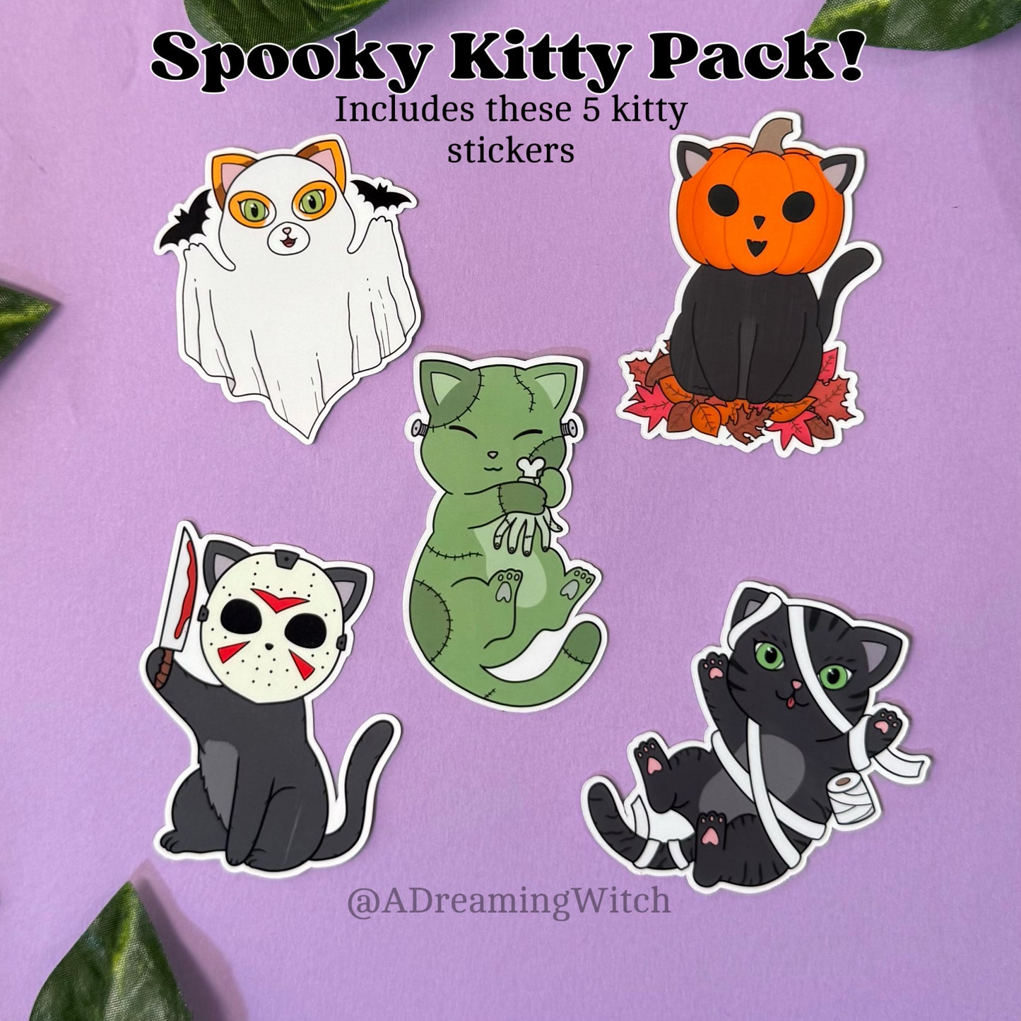 Set of five Halloween-themed cat stickers on a purple background with text indicating 'Spooky Kitty Pack'.